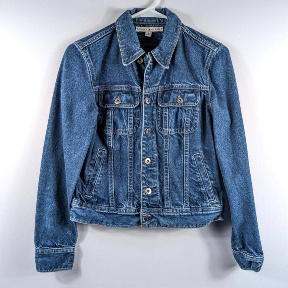Tommy Hilfiger Womens Small Denim Trucker Jacket Medium Wash 100% Cotton Turkey